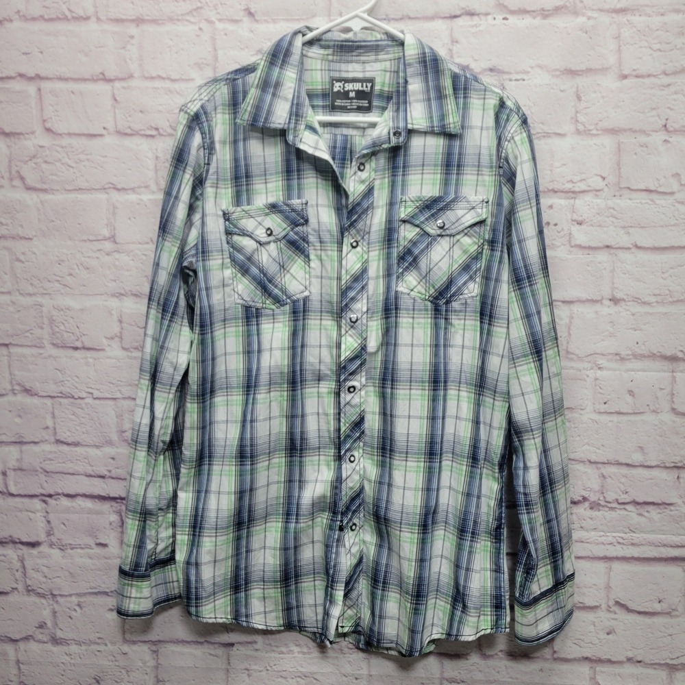 Skully Plaid Pearl Snap Western Shirt Size M Long Sleeve Western Cowboy‎ Rodeo